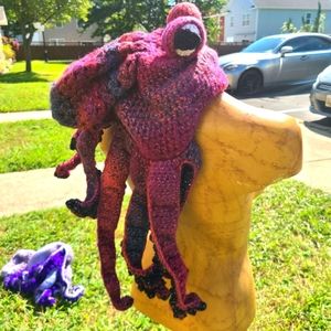 Handmade Crochet Octopus Cephalopod Squid Hat Red & Black Metallic Sparkle